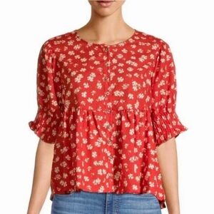 Madewell Swiss Dot Puff Sleeve Blouse Size XS | Rust Red Floral Button-Front Top
